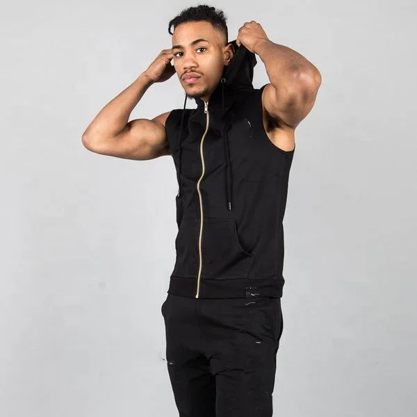 Blackout Mens Gym Sleeveless Hoodie Oem Muscle Bodybuilding Fitted Zip