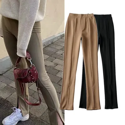 

B54007A Euro-America ladies fashion stretch high waist tight zippers pants, Black/khaki
