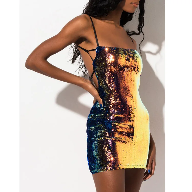 

Hot New Product Wholesale Sequins Sexy Backless Slim Suspender Short Dress, Picture color