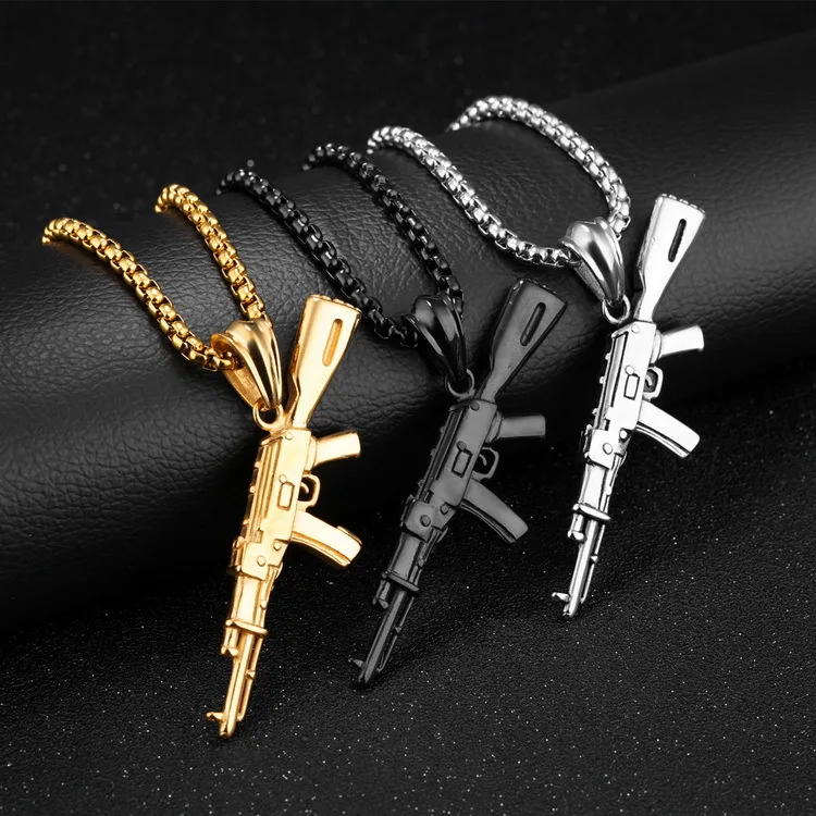 

Jessy Fashion 2021 New Designer Jewelry Stainless Steel Necklace Classical Men Hip-Hop AK-47 Necklace, As shown