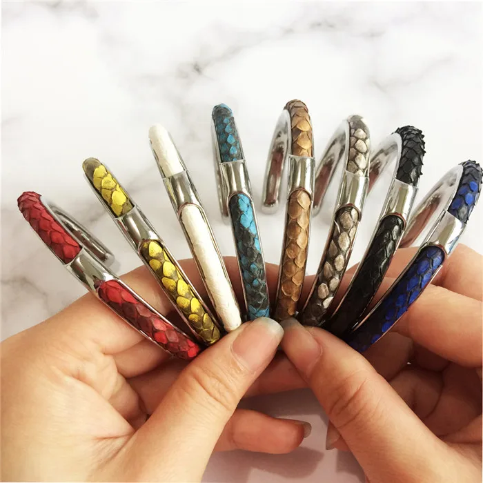 

Luxury Genuine Python Snake Skin Leather Bracelets for Men Stainless Steel Open Cuff Bangle Charm Jewelry