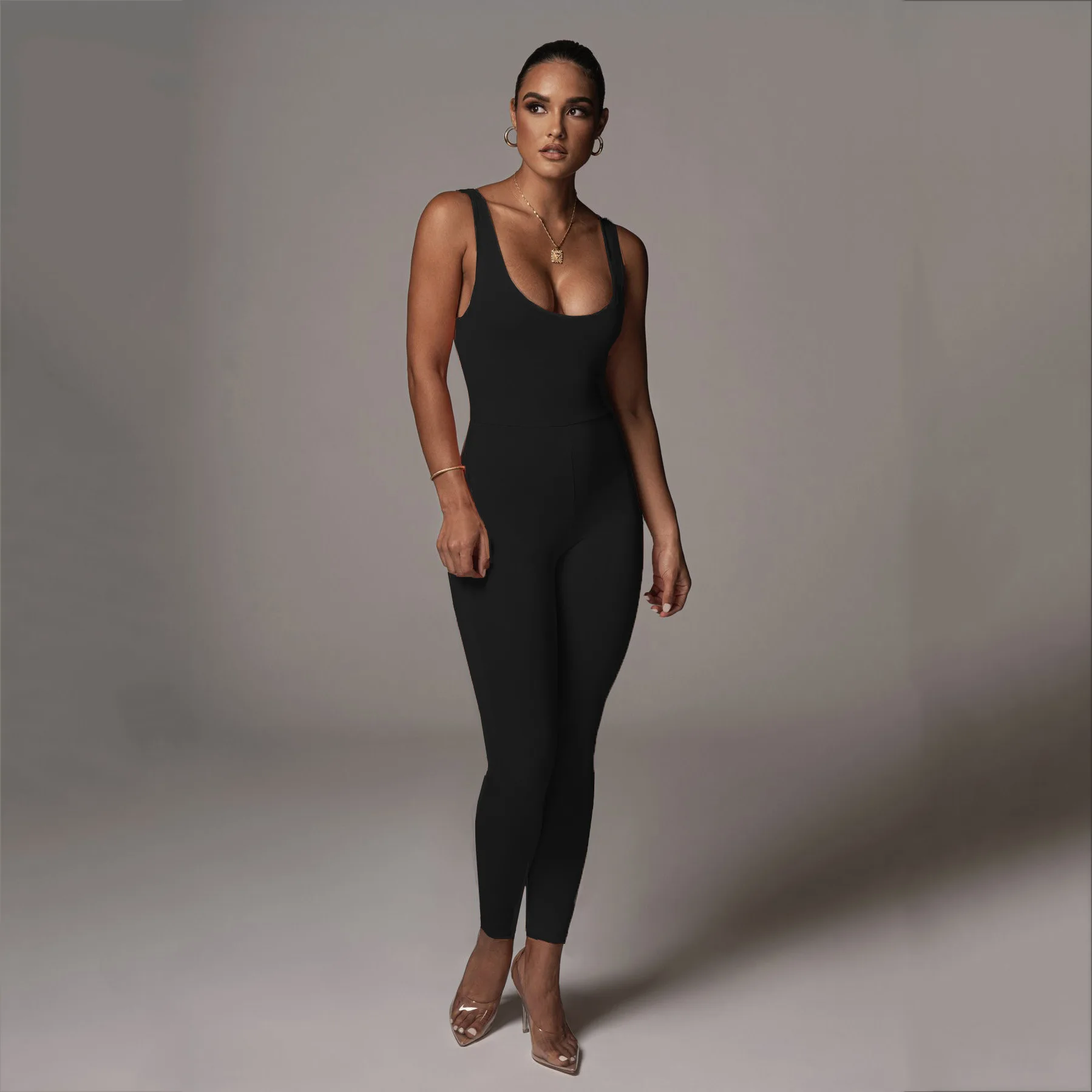 

KQ-325 New arrival sleeveless suspender jumpsuit solid color backless bodycon leggings women casual fitness sportswear, As picture