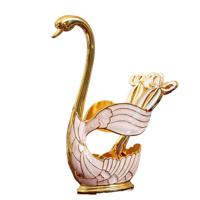 

QIAN HU Vintage European Creative Golden High-End Metal Tea Spoon 6 with Swan Holder Gift Set, Silver, gold