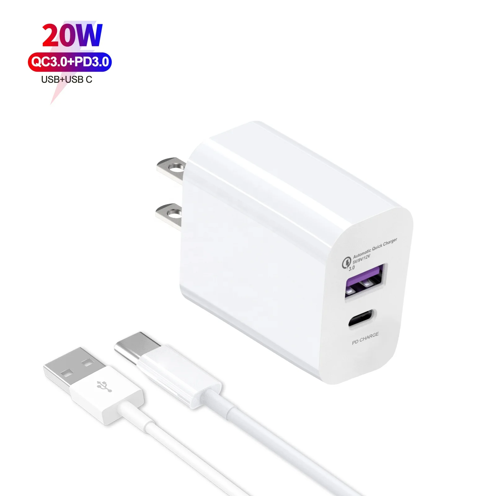 

Portable US EU UK Plug Universal Fast Wall Charger 2 In 1 USB Power Mobile Phone Charger 20w Adapters, White;customized