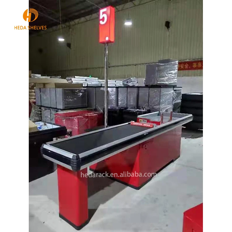 
China Factory direct sale Electronic Supermarket Checkout Counter with Conveyor Belt, cashier desk 