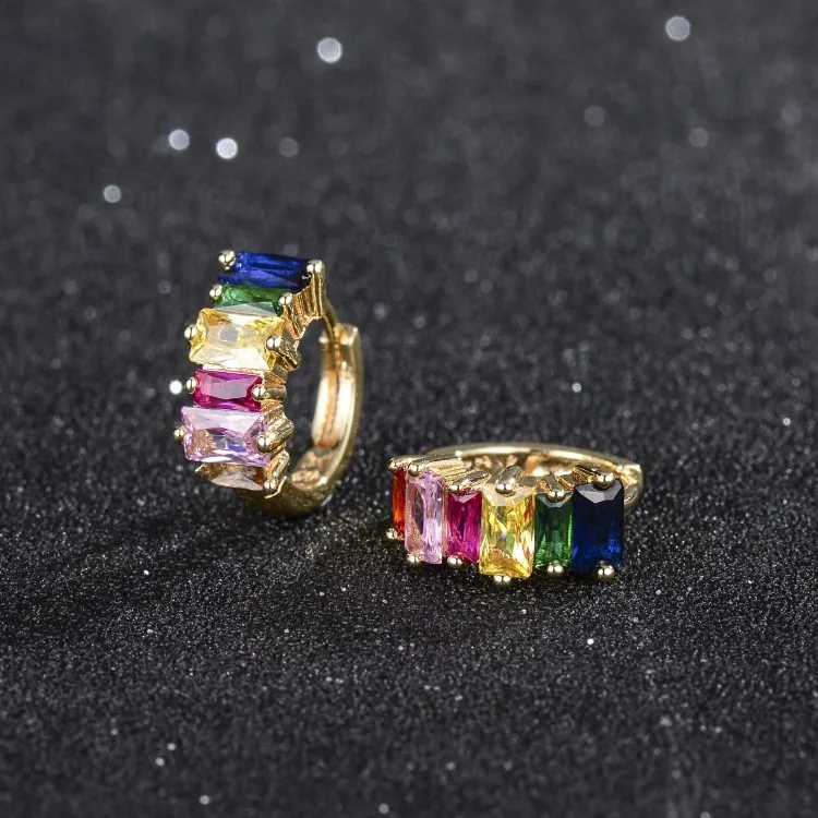 

Fashion Earrings Women 14K Gold Plated Colorful CZ Rainbow Small Hoop Earrings for Girls