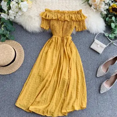 

Women Summer Dresses Plaid Slash Neck Off Shouder Solid Vestidos Ruffles A-line High Waist Dress Robe