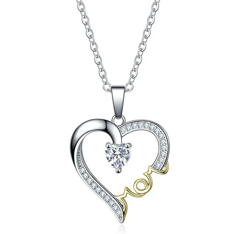 

2021 Gold Plating Zircon Love Heart Necklaces Inlaid Cubic Zirconia Mom Letter Heart Pendant Necklace For Mother Day Gift