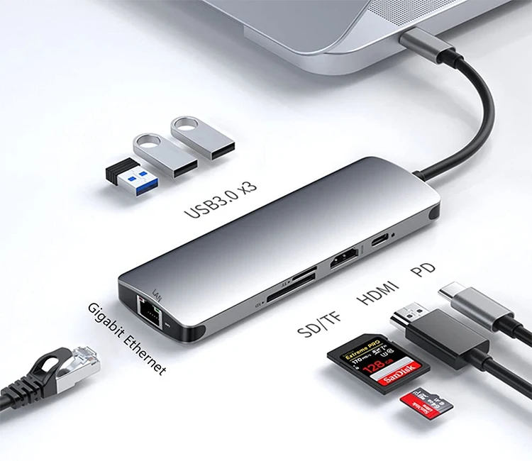 

USB C Hub 8-in-1 USB C Docking Station with Ethernet, HD+MI, 3 USB3.0, SD/TF Card Reader USB-C PD Compatible