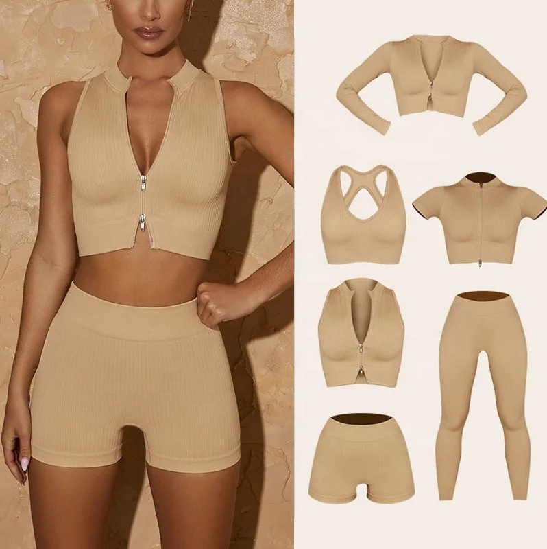 

2022 New Women High Elastic 6 Piece Slim Fit Seamless Rib Gym Sports Short Yoga Wear Workout Clothing Set Fitness Activewear
