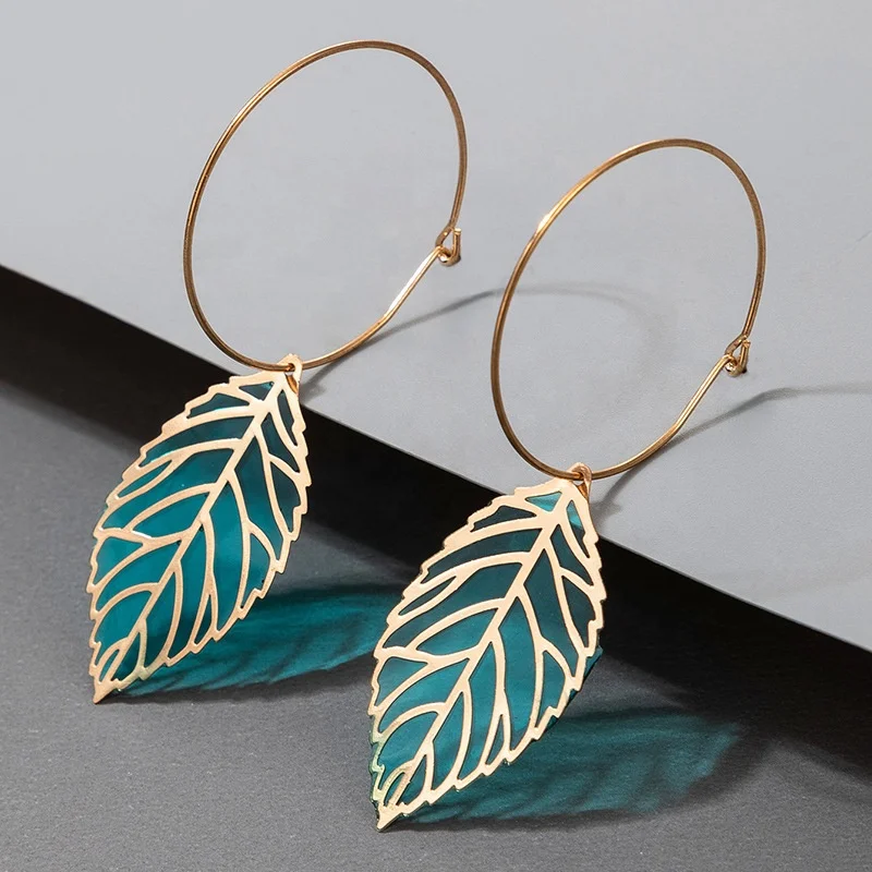 

Kaimei AliExpress new fashion jewelry metal hollow leaf earrings small fresh Korean green leaf hoop earrings gold wholesale, Many colors fyi