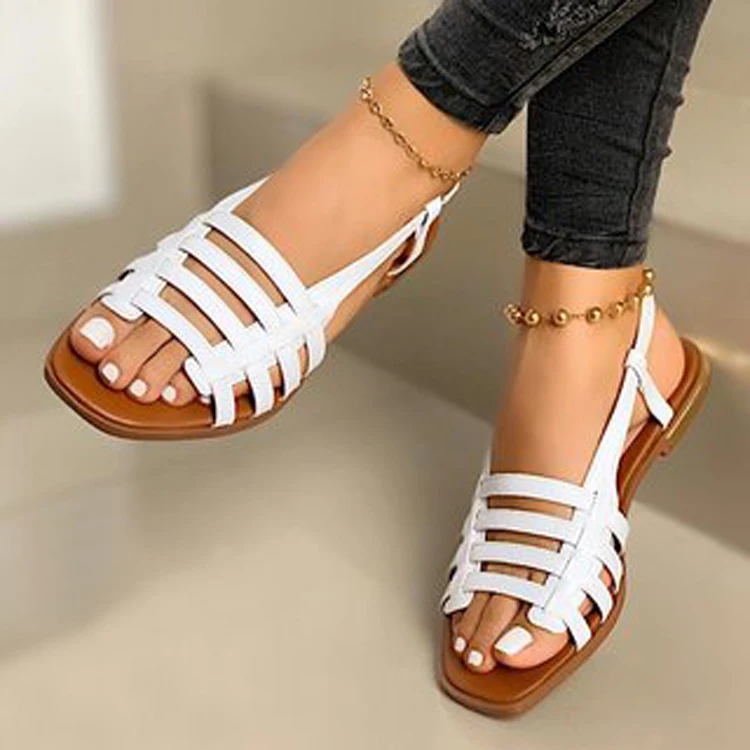 

New arrival summer hollow flat sandals strappy thin sole light weight roman shoes for women street shoes