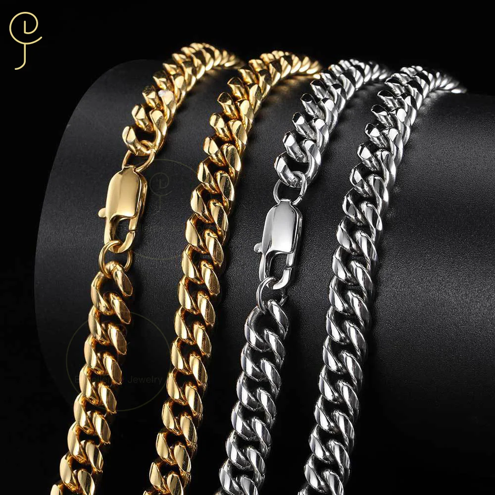 

Excellent Jewelry 4-10mm Stainless Steel Round Polished 18K Gold Plated Men Hip Hop Miami Thick Chunky Cuban Chain Link Necklace