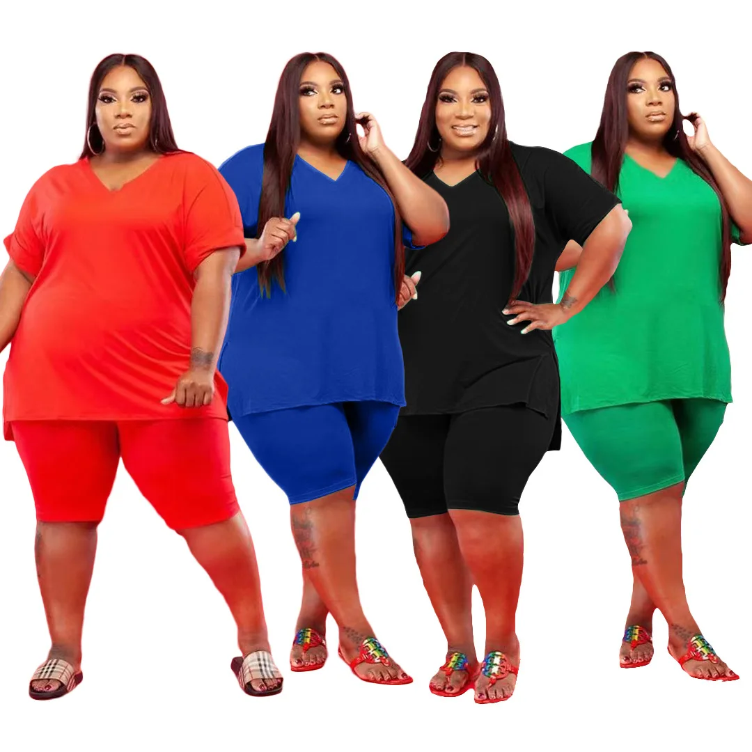 

plus size suits women big size summer shorts sets two pieces solid color plain v-neck t shirts shorts leggings tracksuits