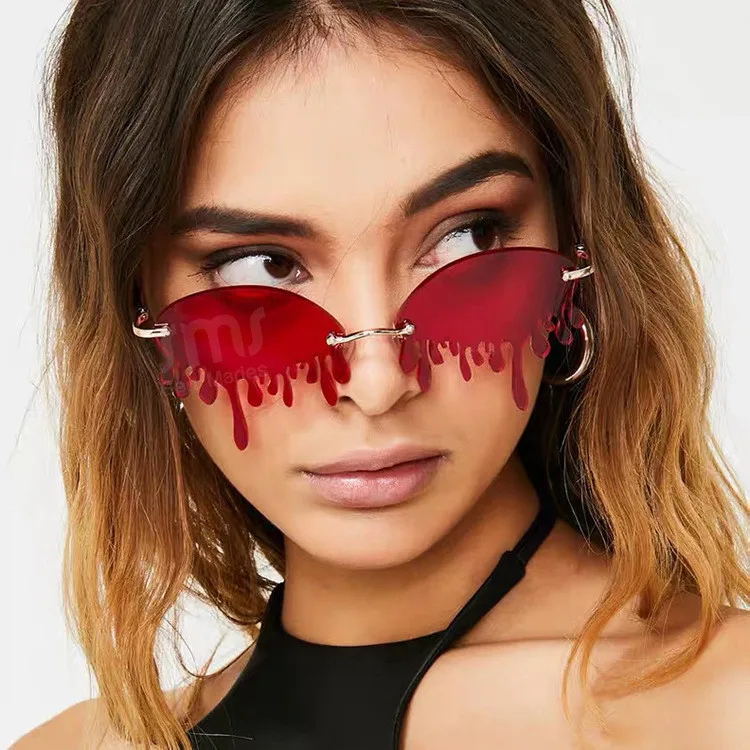 

VIFF HM20119 Vintage Water Drip Design Shades Hot Alibaba Seller Selfies Photo Red Water Tears Rimless Sunglasses 2021, Color customized