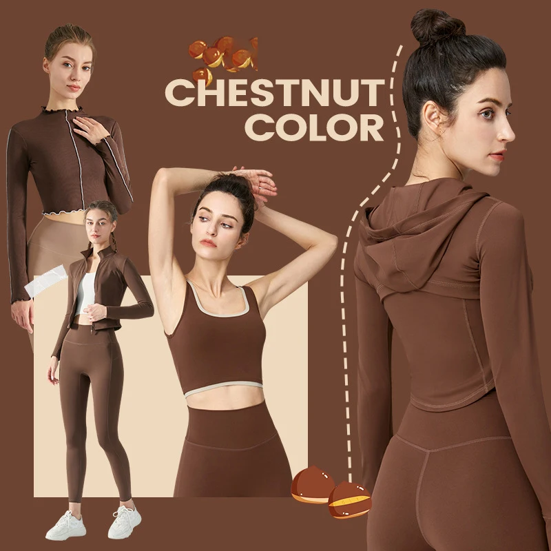 

YIYI New Design Lulu Fabrics Soft High Stretchy Gym Fitness Sets Chestnut Fashion Color Athletic Suits Sport Wear Woman Sets