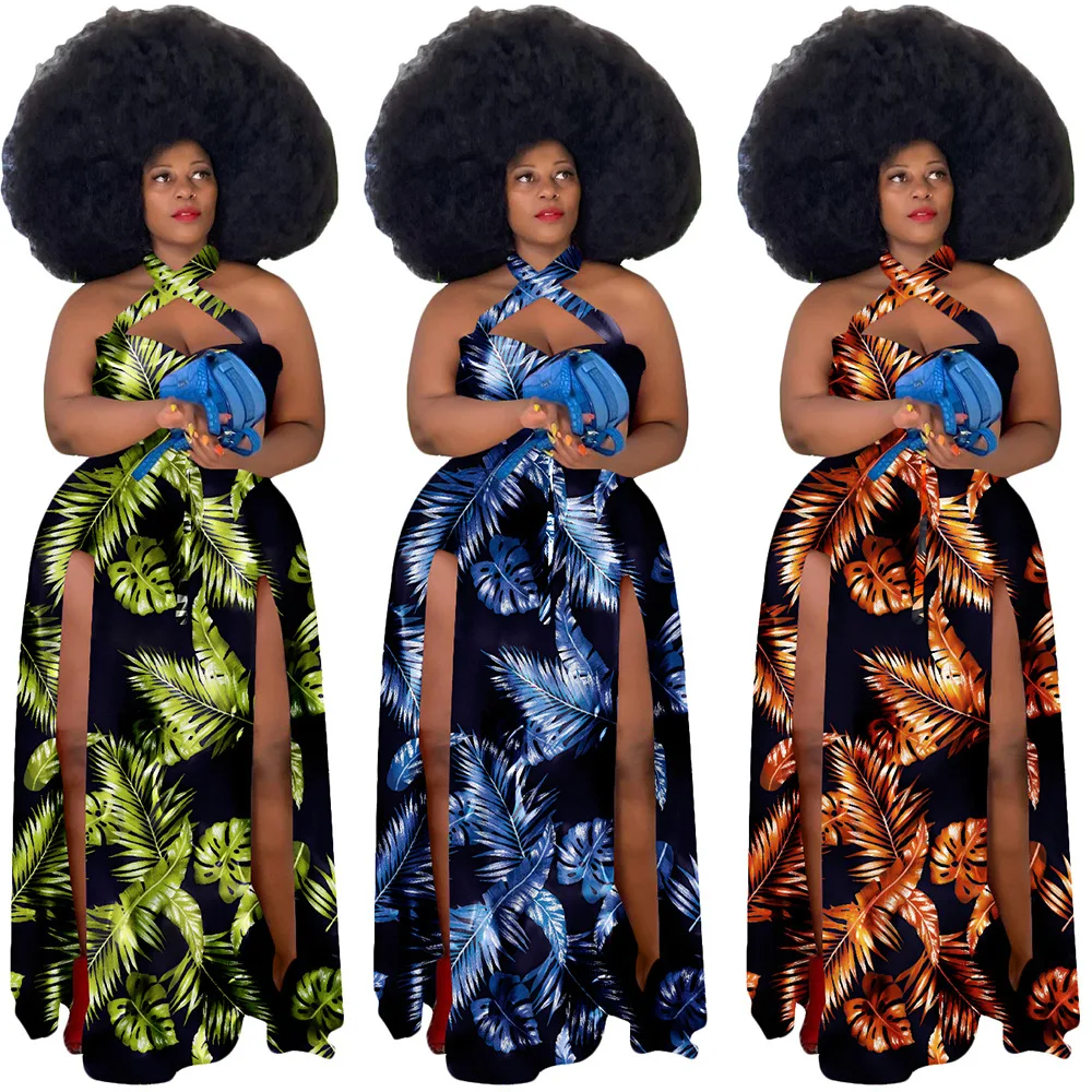 

2021 New Arrivals Sexy Fat Women Floral Printing Halter Dresses Plus Size XXXXXL Sleeveless Maxi Length High Slit Dresses