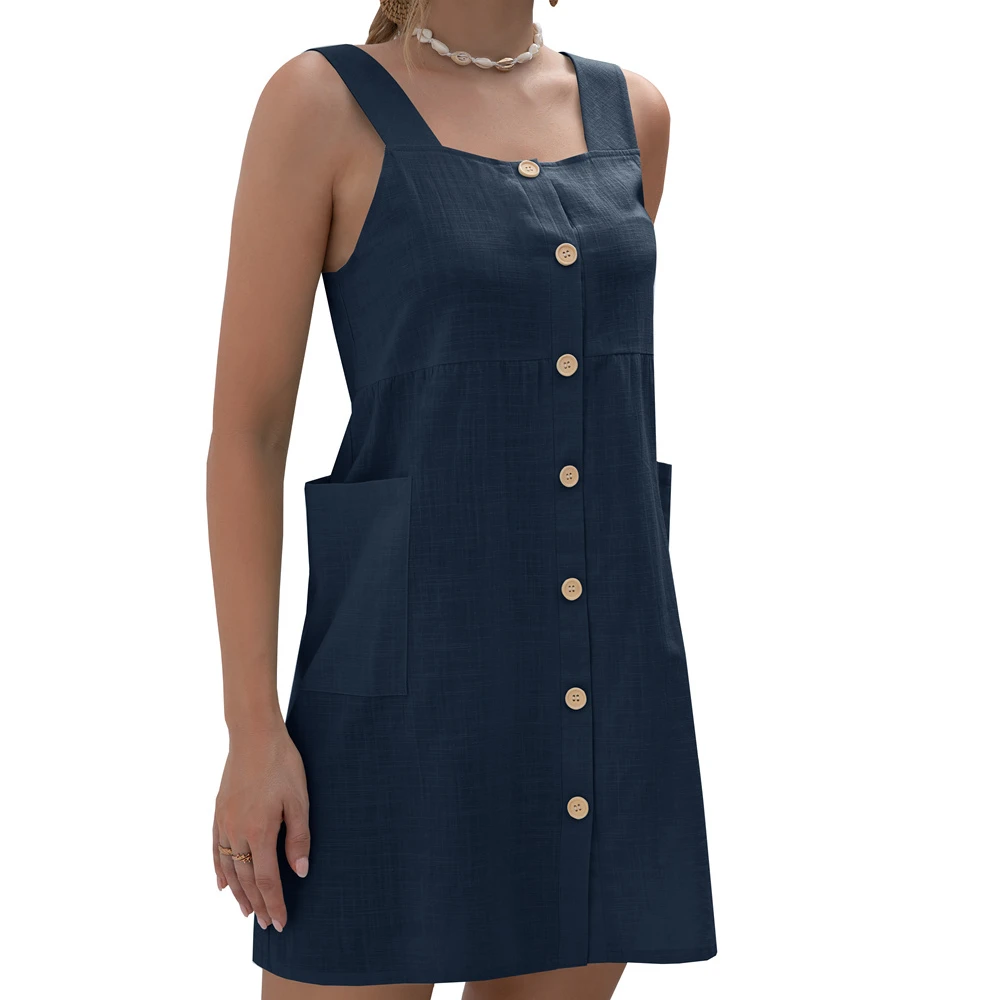 

2021 Summer retro women's solid color single breasted pocket strap short dress