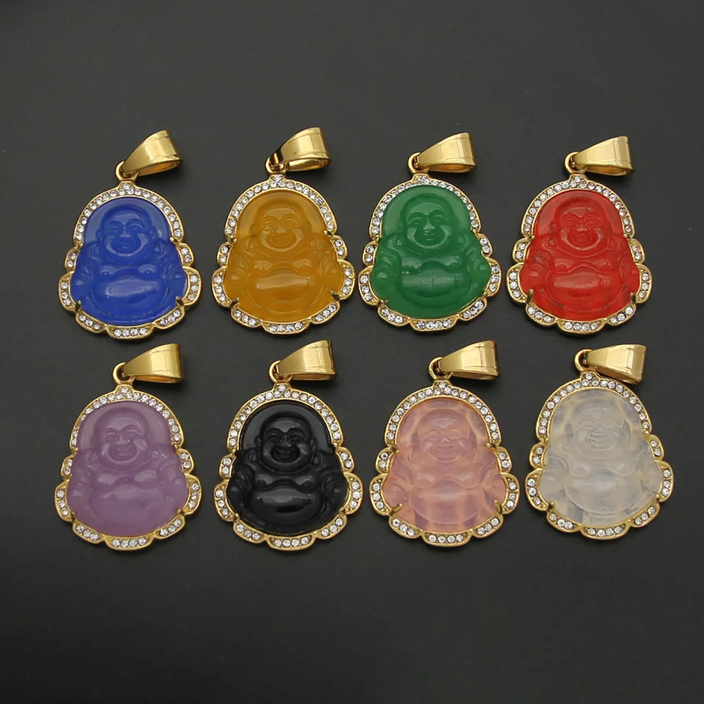 

2020 Newest Stainless Steel Chain Jade Buddha Pendant Necklace Multicolor Rhinestone Crystal Agate Jade Buddha Necklace