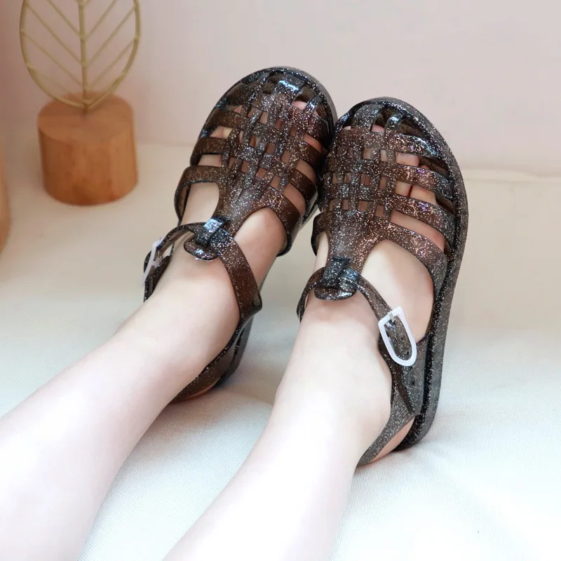 

New summer toddler clear pvc toe post fashion girl trendy bling glitter flat Jelly Sandals For Girls