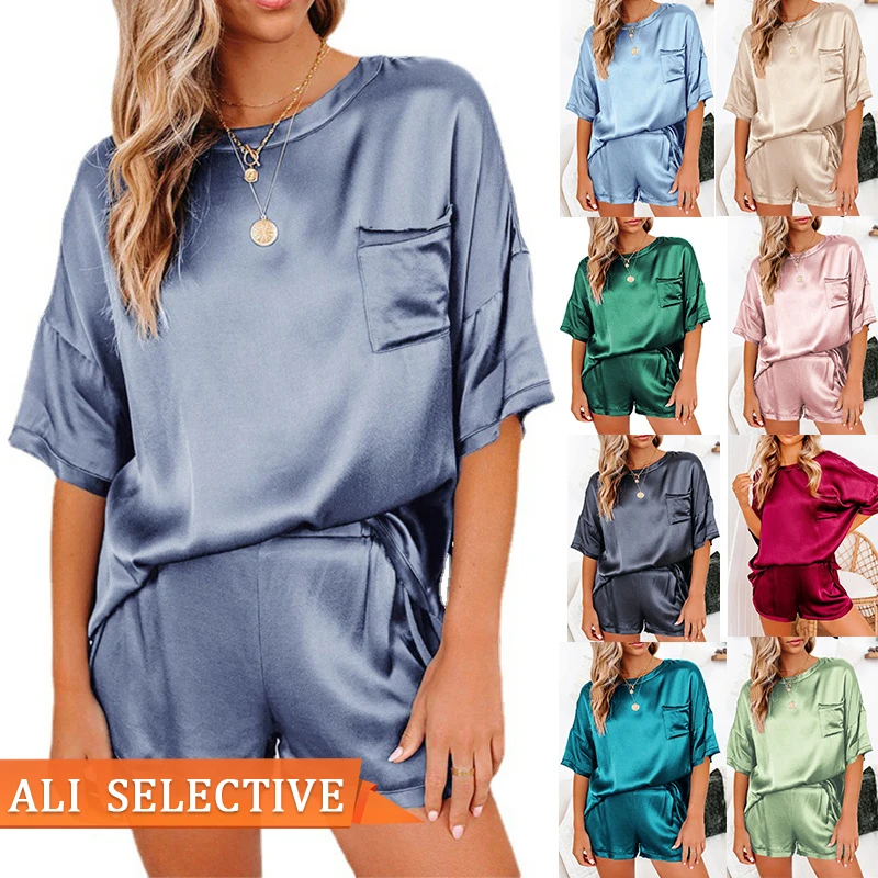 

NS2008 Hot Sales Solid Color Irregular Silk Pajamas Satin Pyjamas Women Sleepwear Short Sleep Wear For Women, As show