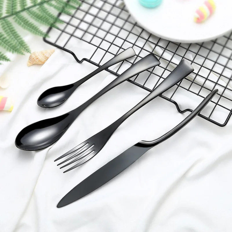 

European French restaurant hotel western titanium black gold stainless steel knife fork spoon cutlery set