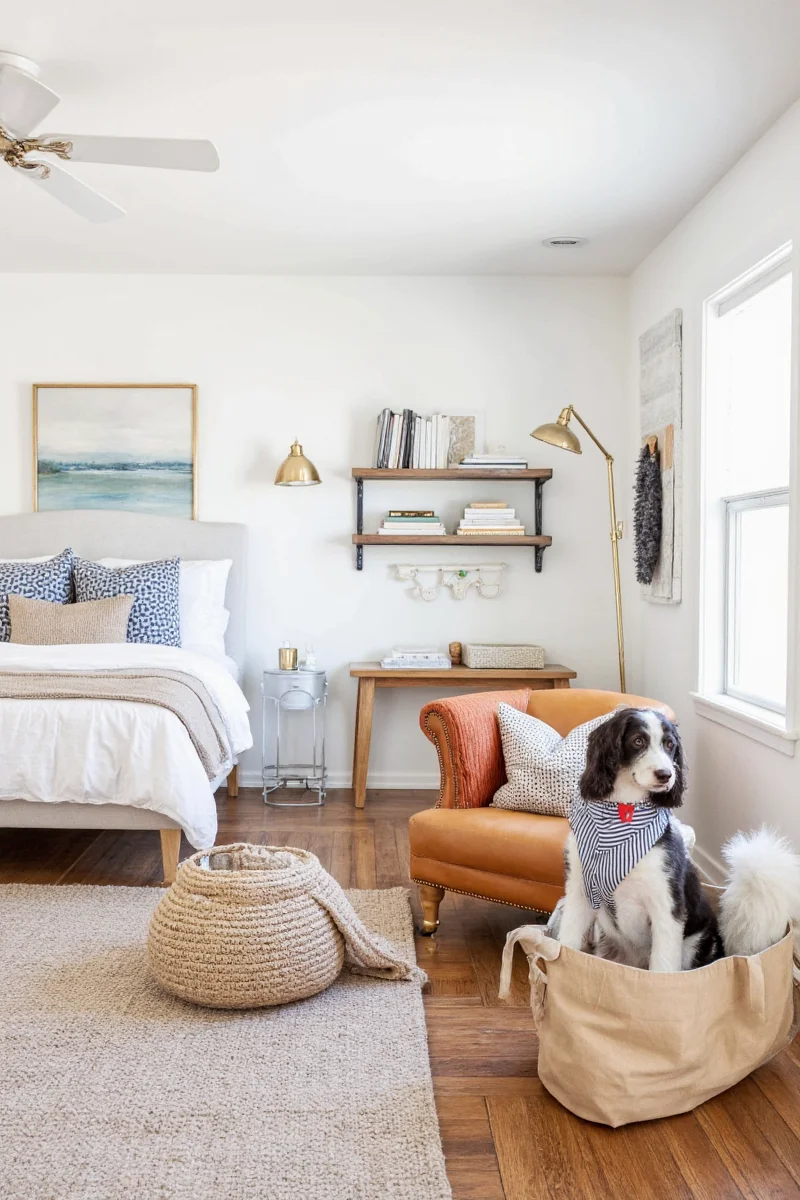 A cozy living room decorated with paw print balloons, a banner saying 'Happy Pawty!', and small dog treats on a tray.