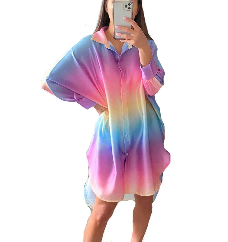 

Women's Rainbow Color Oversize Fit Shirts Blouses Long Sleeve Lapel Plus Size Button Up Vintage Casual Long Sleeve Tops