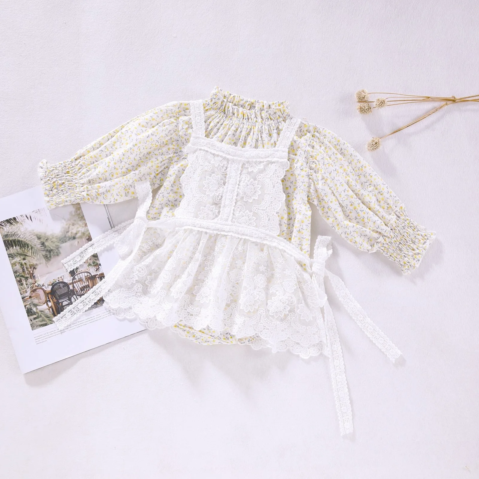 

2021 Spring Baby Costume Fairy Floral Lace Two-piece Little Princess Baby Girl Romper Dress, As picture shown