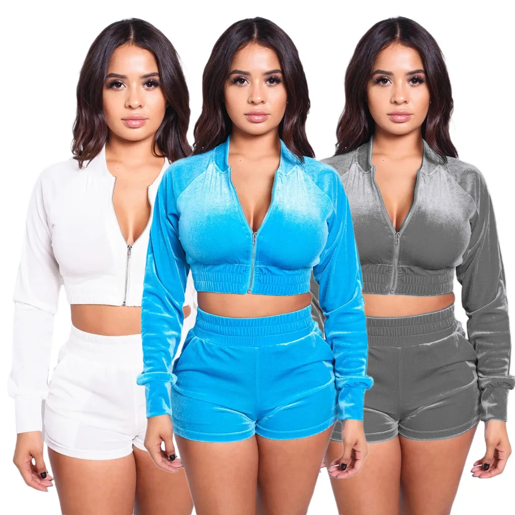 

Fashion Hot Sale Crop Top Long Sleeve Women Velvet Fabric 2 Piece Short set Women Two Outfit, Customized color/as show