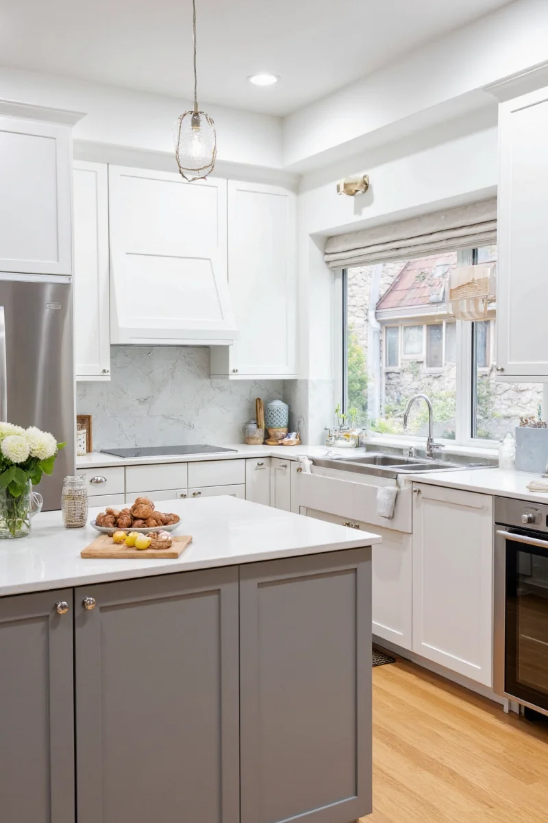 Textured backsplash and wooden elements in white and gray kitchen