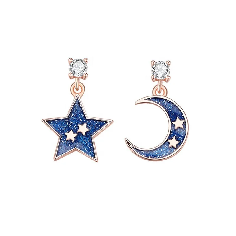 

925 Sterling Silver Gold Plated Women Jewelry Enamel Moon Star Drop Earrings, Blue