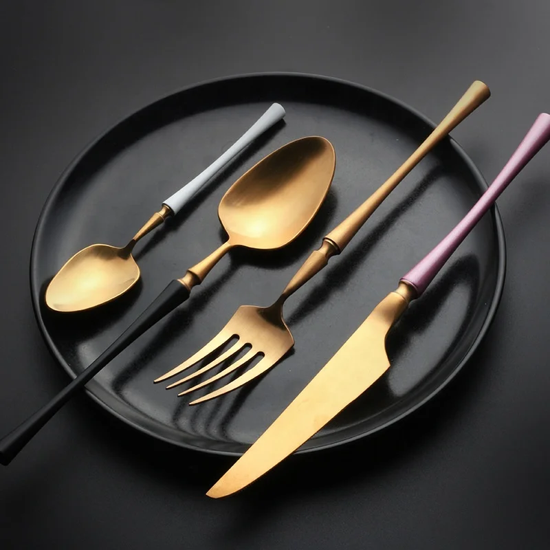 

Classic Gold Dinner Fork Spoon Wedding Stainless Steel Cutlery Set Colorful Handle, Silverware/gold