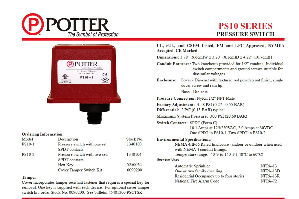 Potter Ps10 Series Ps102a Ps101a Pressure Switches Authorized Agent
