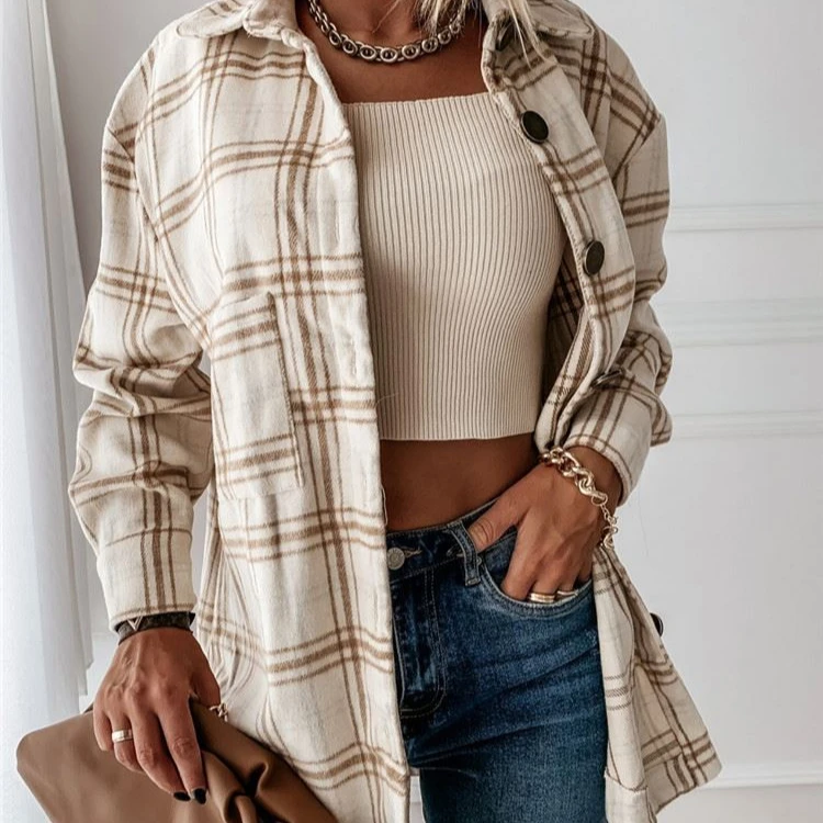 

Women's Long Sleeve Plaid Jacket Fall Winter Casual Button Down Shirt Jacket Street Wear Plaid Shirts, As pic