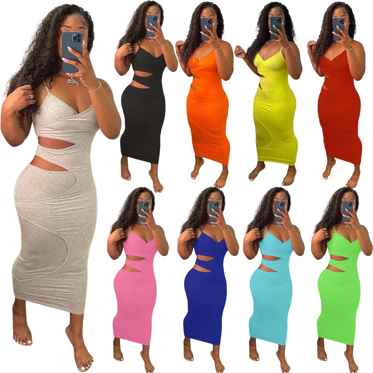 

2021 Summer Women's Solid Bodycon Maxi Hollow Out Design Surplice Neck Cami Dress