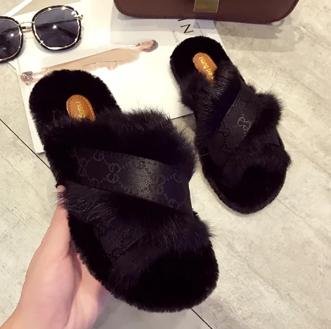 

womens sandals flat shoes cross Fluffy sandals home fashion Furry Slippers Home Plush Slides Fur Slippers For Women, Black, khaki,begin