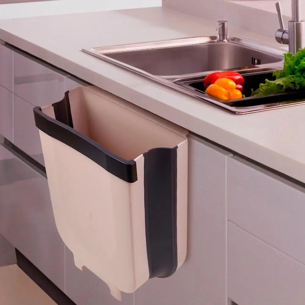 Wall Mounted Foldable Kitchen Cabinet Hanging Trash Can Collapsible Waste Bin
