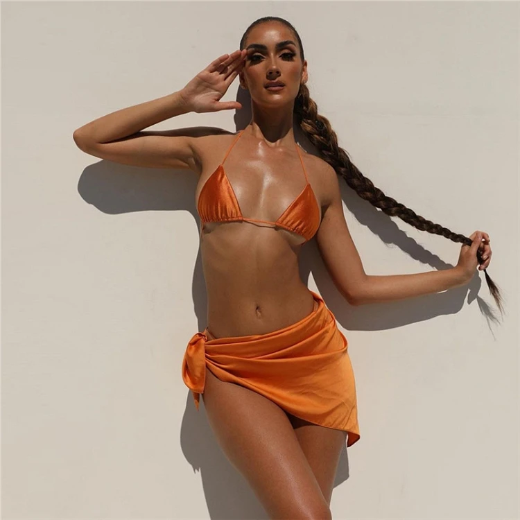 

multi way swimwear shinny satin wrap skirt swimsuits extreme sexy micro tiny thong 3 piece bikini set women