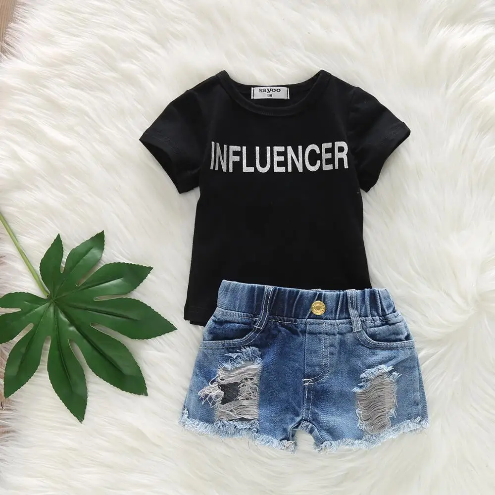 2pcs Summer Fashion 2019 Hot New Girls Suit Black Shirts With Jeans Shorts 2PC Clothes Set