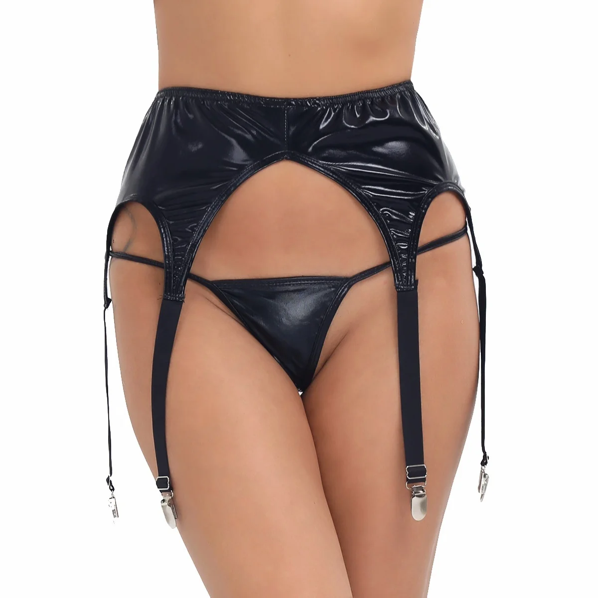 

Black Women Wetlook Patent Leather Garter Panty Duck-Mouth Clip Sock Garter Belt Holder Fastener Suspender with G tring