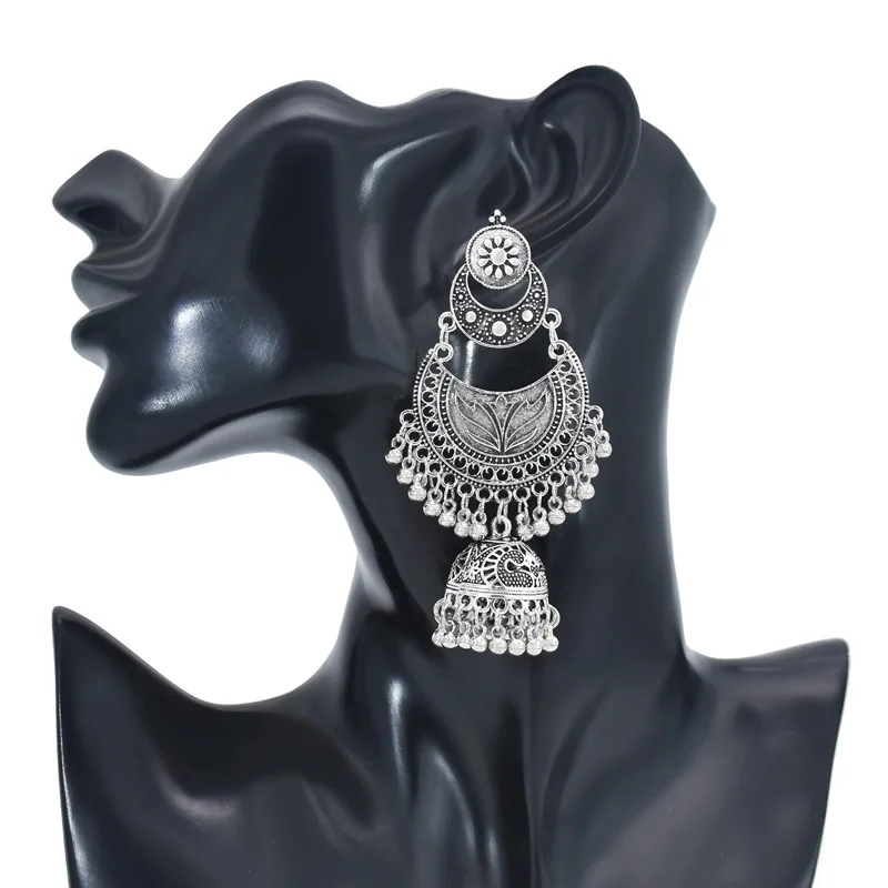 

Indian Jhumka Jhumki Ethnic Dangle Earrings Women Vintage Silver Gold Long Tassel Bell Drop Bollywood Earrings