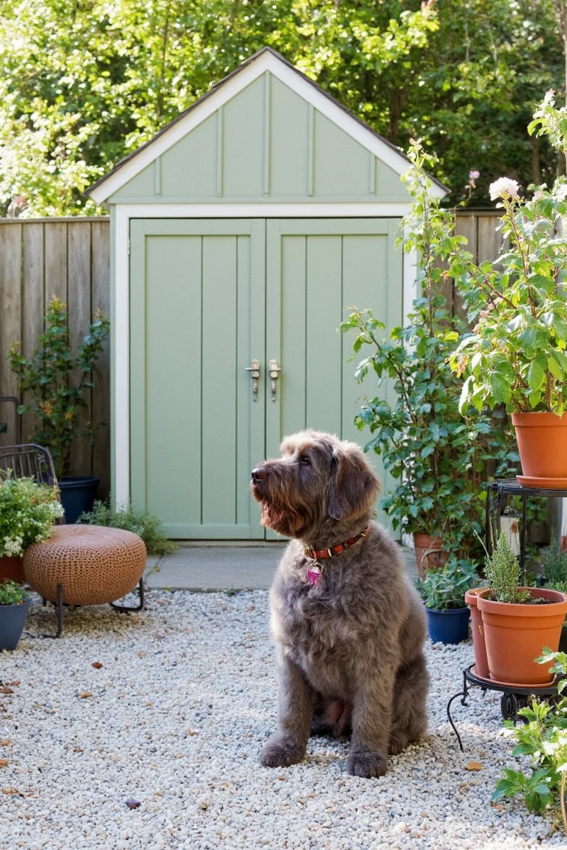 A cozy small potting shed with a pet bed tucked into the corner, high wooden shelves filled with herbs, and large windows for natural light.