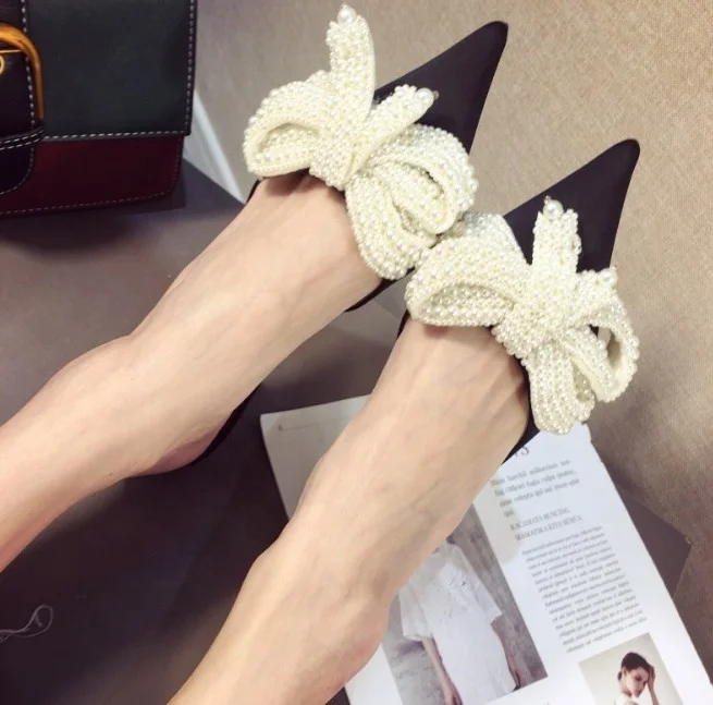 

Women Slippers Pointed Toe Rhinestone Bow Knot Butterfly Mule Women Sandals Genuine Leather Shoes Luxury Slippers Big Size, Black,pink