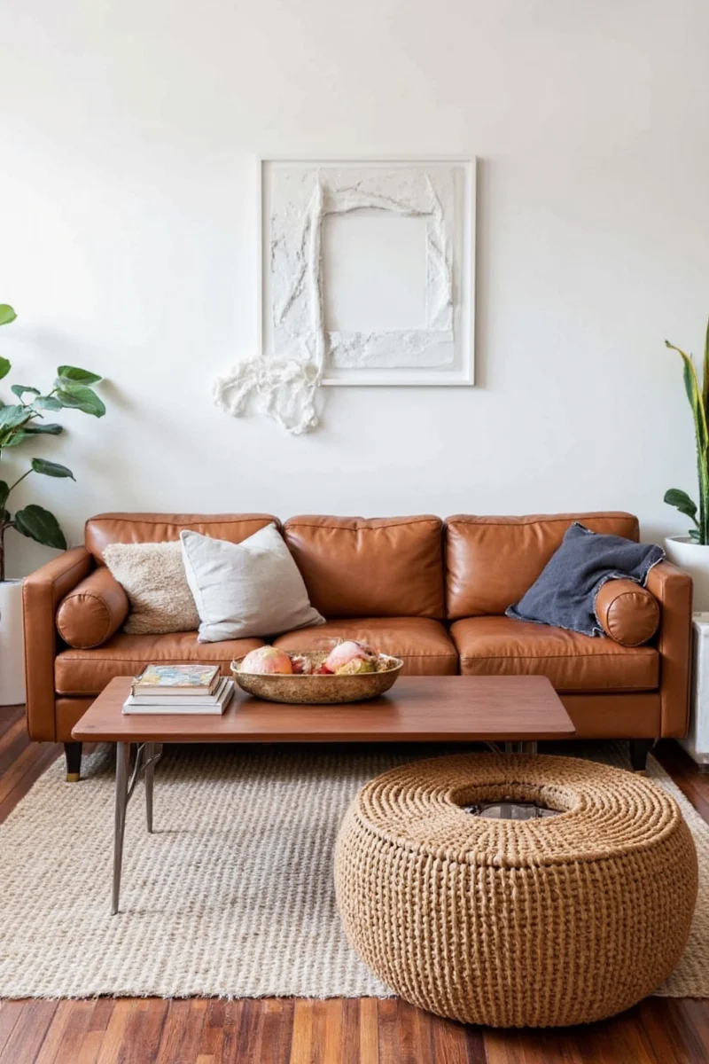 Leather couch with throw pillows