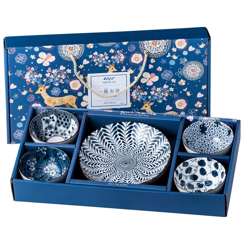 

Customised Promotional Items Japanese Style Handmade Tableware Rice Noodle Ramen Bowls Gift Set Blue and White Ceramic Bowl Set