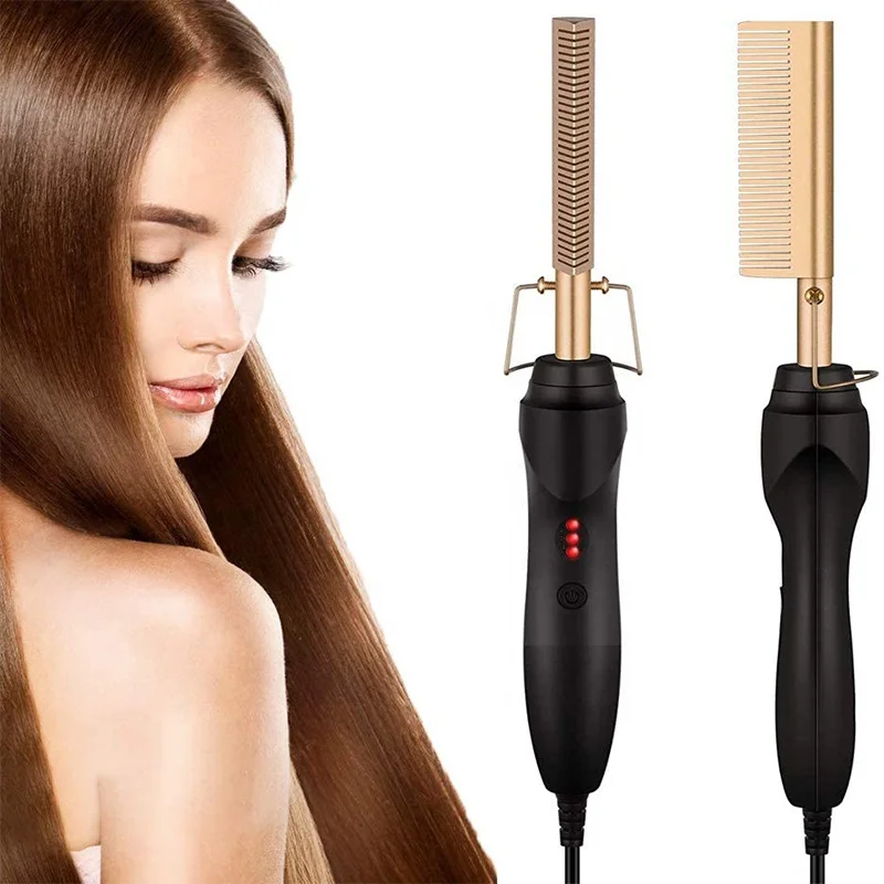 

Dropshipping hot sell Copper comb 2021 Mini Hair Straightening Hot Press Comb Electric, Gold