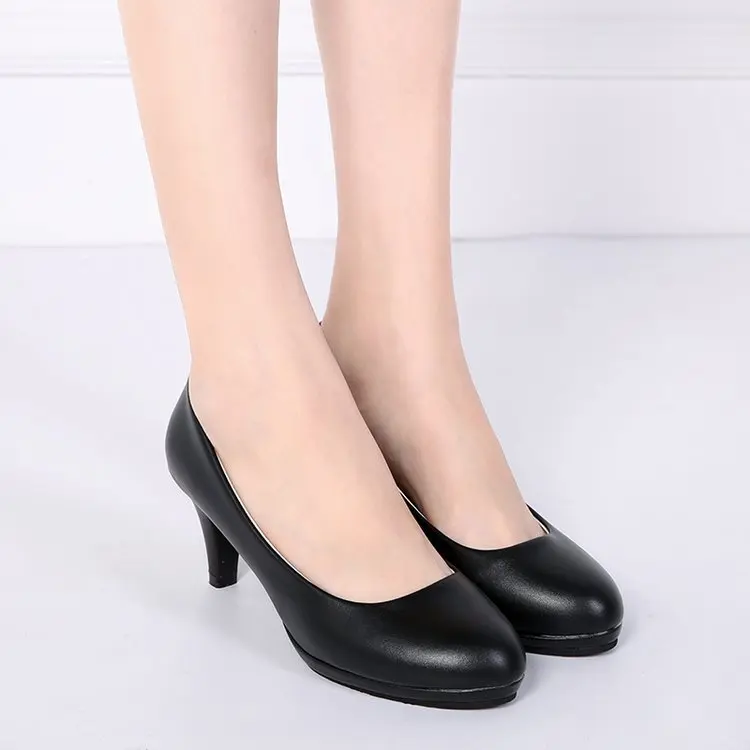 

Factory Wholesale Pu Leather Rubber Ladies Work Office Mid Heels Shoes High Heel Shoes Women