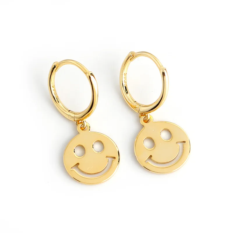 

2021 Vogue 925 Sterling Silver Earrings Hoop Round Smile Face Pendant Huggies Earrings Unisex Jewelry, Picture shows