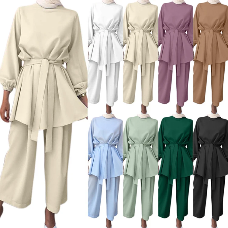 

2021 Hot selling Muslim Women Kaftan Islamic Clothing Baju Kurung Arab Turkey Two Piece Sets Dubai Abaya, 3 colors in stock also accept customized color